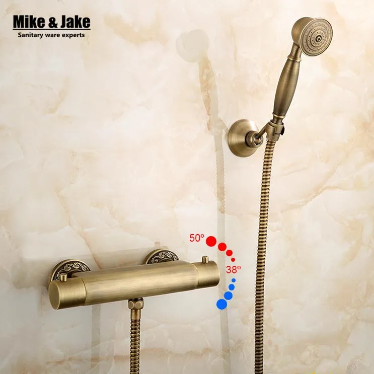 Antique brass Thermostatic shower mixer kit wall thermostatic faucet with hand shower 1.5 meter shower hose brass shower holder