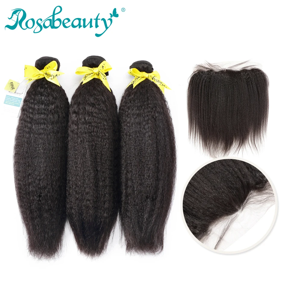 

Rosabeauty Kinky Straight Lace Frontal Closure With Bundles 13X4 Frontal With Bleached Knots Grade 8A Remy Human Hair Extensions