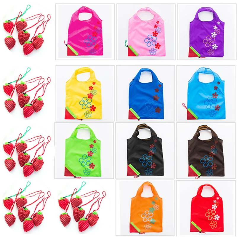 Floral Folding shopping bag Drop shipping Reusable Waterproof dustproof Grocery Nylon Large Strawberry fold Tote Storage bags