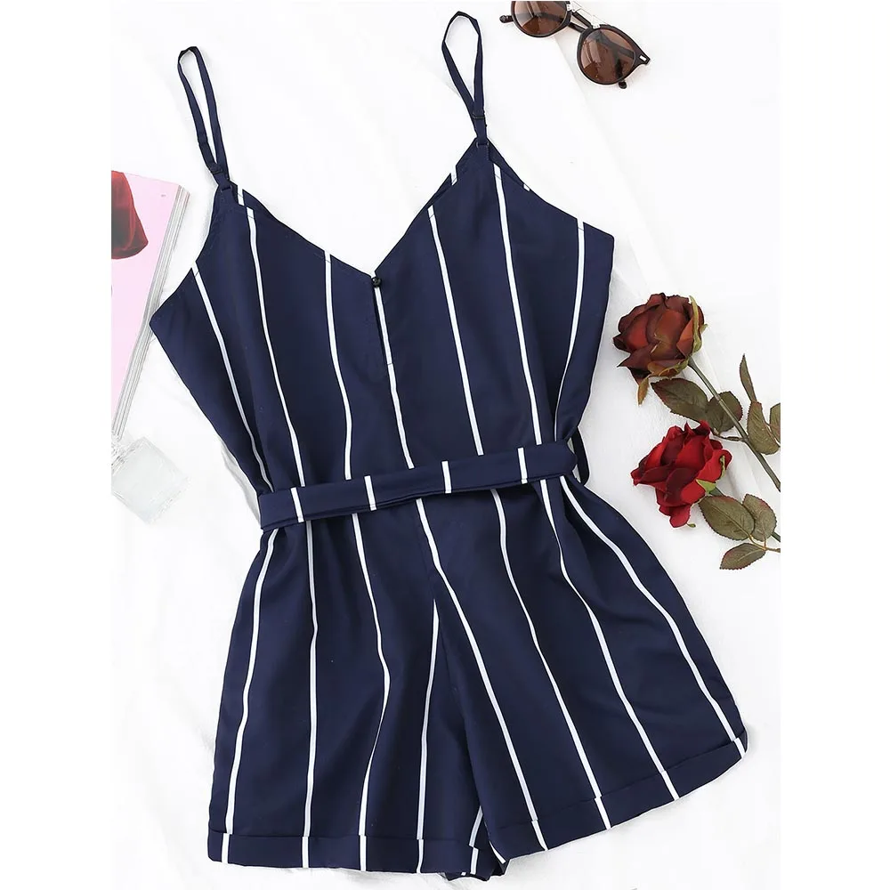 ZAFUL 2019 Striped Belted Cami Romper Women Jumpsuit Casual Spaghetti Strap Buttons Playsuit Outfits Beachwear Summer Overalls ZAFUL 2019 Striped Belted Cami Romper Women Jumpsuit Casual Spaghetti Strap Buttons Playsuit Outfits Beachwear Summer Overalls