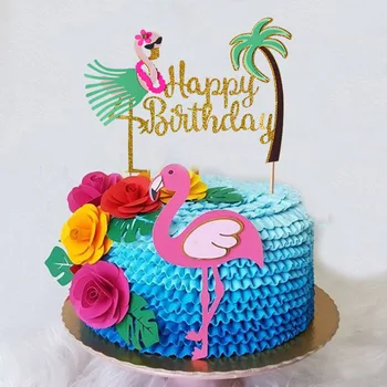 

1pcs Funny Flamingo Happy Birthday Cake Topper Aloha Hawaiian Luau Birthday Party Decoration Cupcake Toppers Tropical Flamingo