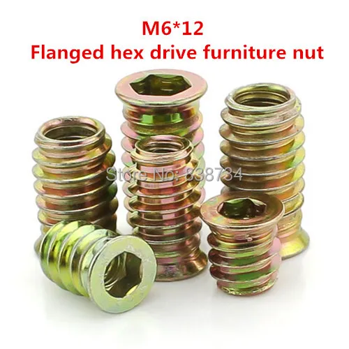 100pcs m6*12 yellow zinc plated flanged hex drive internal and external thread insert furniture nut screw for wood | Обустройство