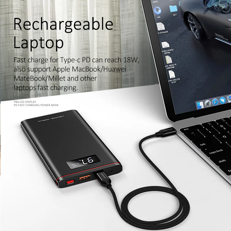 Ultra-thin Power Bank,USAMS 10000mah 18W QC 3.0+PD fast Charge Power Bank LCD display PowerBank Type C & Micro Port USB Charger