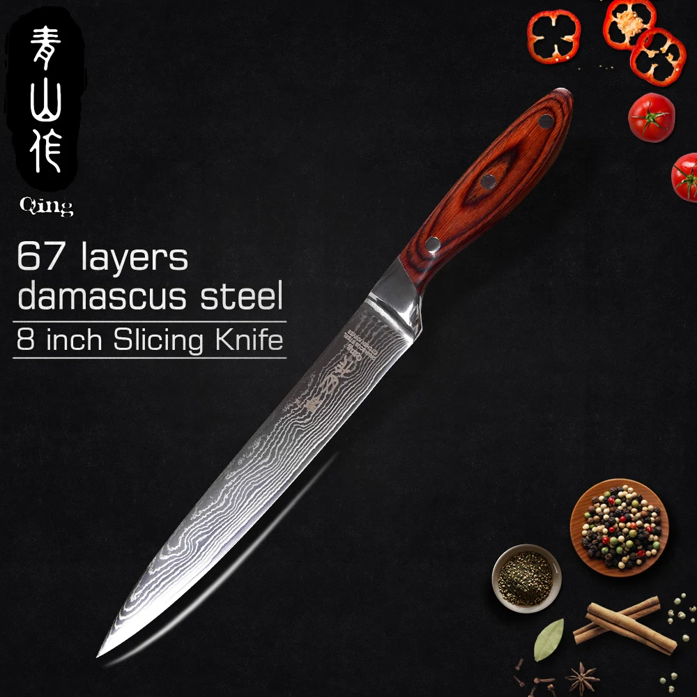 

QING Kitchen Knives Slicing Chef Damascus Steel Knives Color Wood Handle Cooking Tools Slicing Santoku Fruit Chef Utility Knife