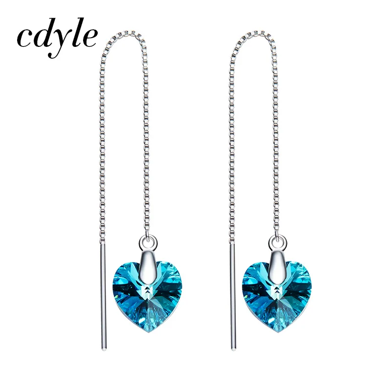 Cdyle Crystals From Swarovski Earrings Dangle for Women Heart Drop S925 Sterling Silver Girls Blue Jewelry Fashion Tassel 2018