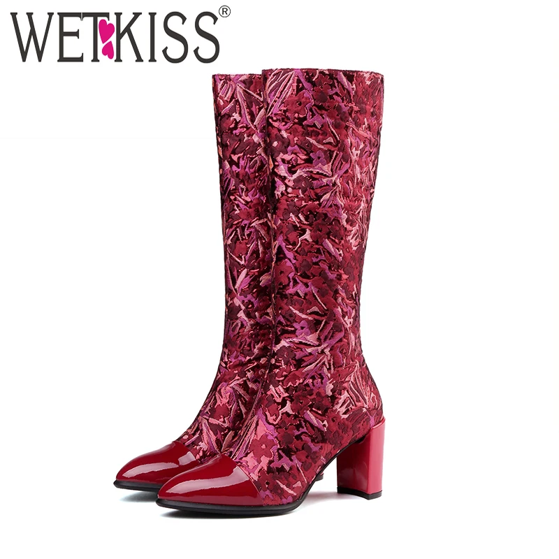 

WETKISS Patent Leather Women Knee High Boots Pointed Toe Zip Footwear Print Female Boot Silk Shoes Women 2018 Black Autumn New