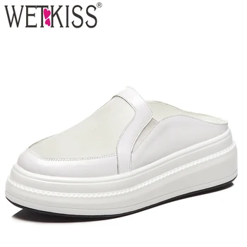 

WETKISS Cow Leather Slippers 2019 New Women Slides Shoes Fashion Casual Flat Platform Mesh Shoes Female Summer Mules Shoes White