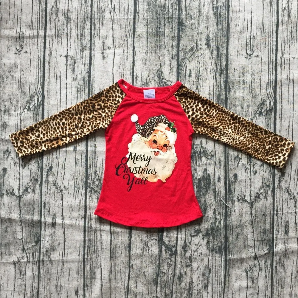 Рождественская футболка для маленьких девочек; сезон осень-зима; Изысканная футболка; детская одежда; семейный образ для мамы; хлопковые реглан с леопардовым принтом и Санта-Клаусом; Новинка