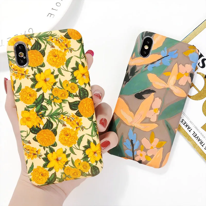 

Retro Flower Leaves Print Phone Case For iPhone X XS XR Xs Max 7 8 Plus Soft IMD Floral Back Cover For iPhone 6 6s Plus