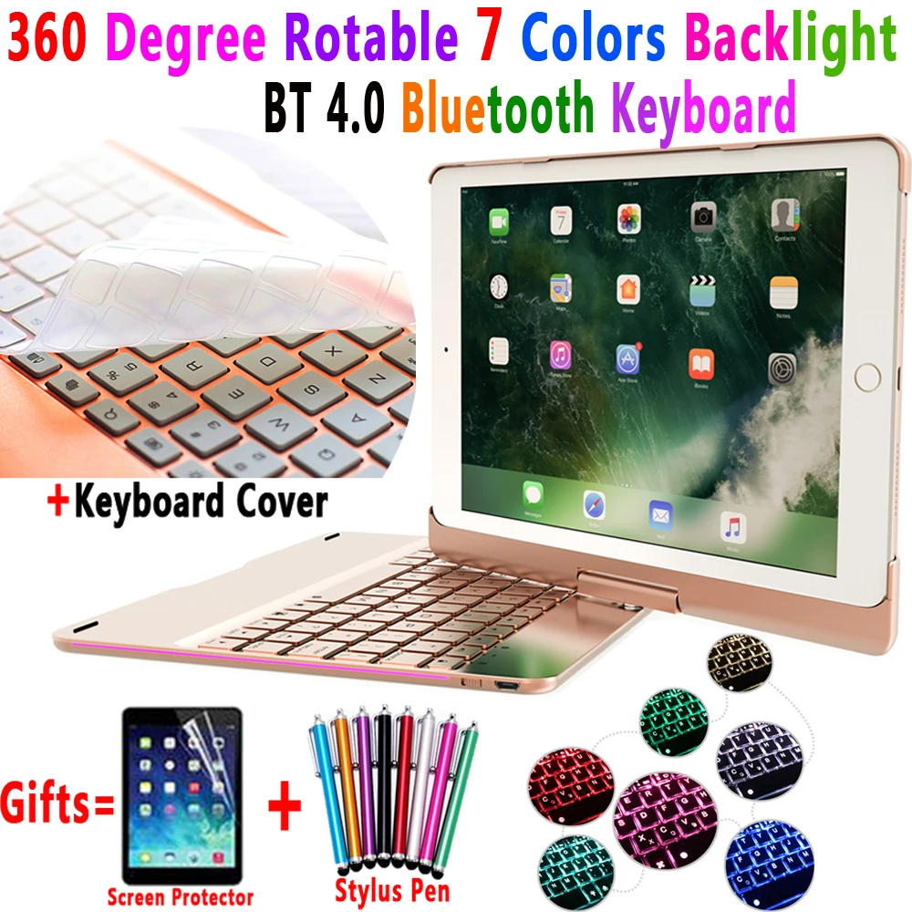 Вращающийся на 360 градусов 7 цветов bluetooth-клавиатура с подсветкой умный чехол для ПК для Apple iPad 9,7 iPad Air 1 2 5 6 Pro 9,7