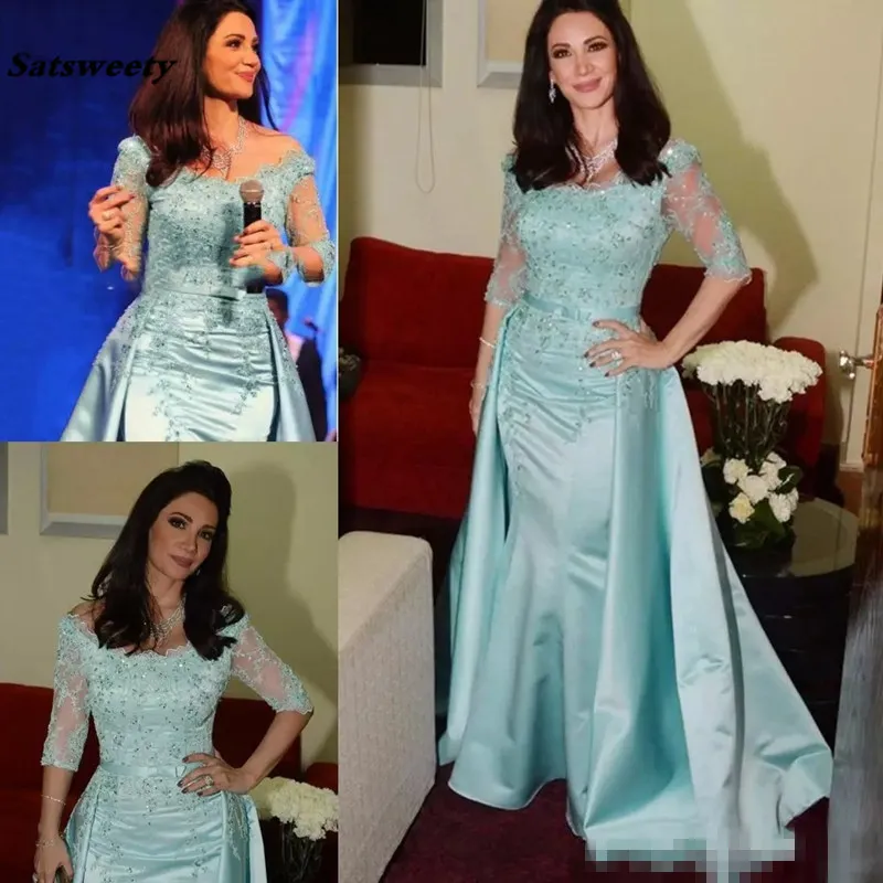 

Fashion Mother of the Bride Dresses Scoop Half Sleeve Detachable Train Lace Appliques Luxurious Beads Mother's Dresses