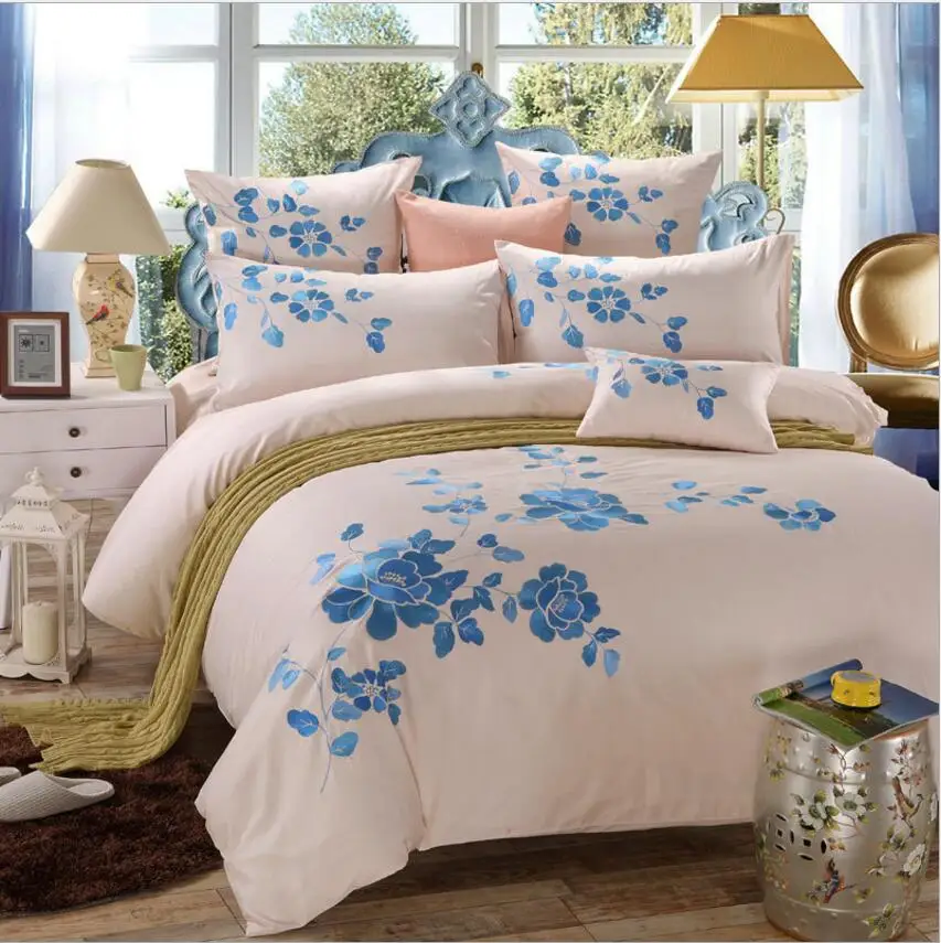 Хлопок бамбуковый вышитый дизайнерский комплект постельного белья King queen размер 4 шт синее одеяло/пододеяльник простыня наволочки, домашний текстиль - Цвет: K