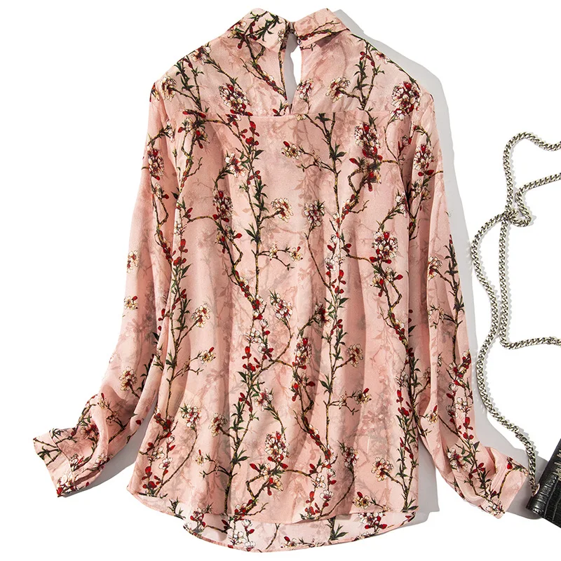 Qualité Key Floral Printemps trou Manches Nouveauté Rose Supérieure Chemisier À Pure Wyg 2019 Perle Soie Imprimé Longues Perles Pink Chemises Retour En xYwnOdSqz