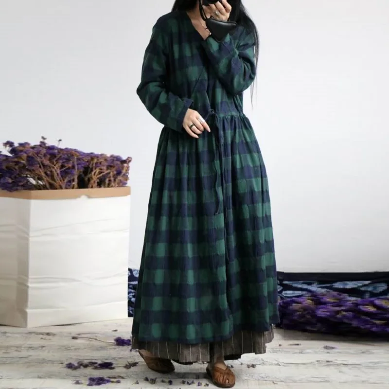 

Cotton and Linen plaid robe 19 spring and summer new style retro artistic loose ladies dress roupas feminina checkerboard gown