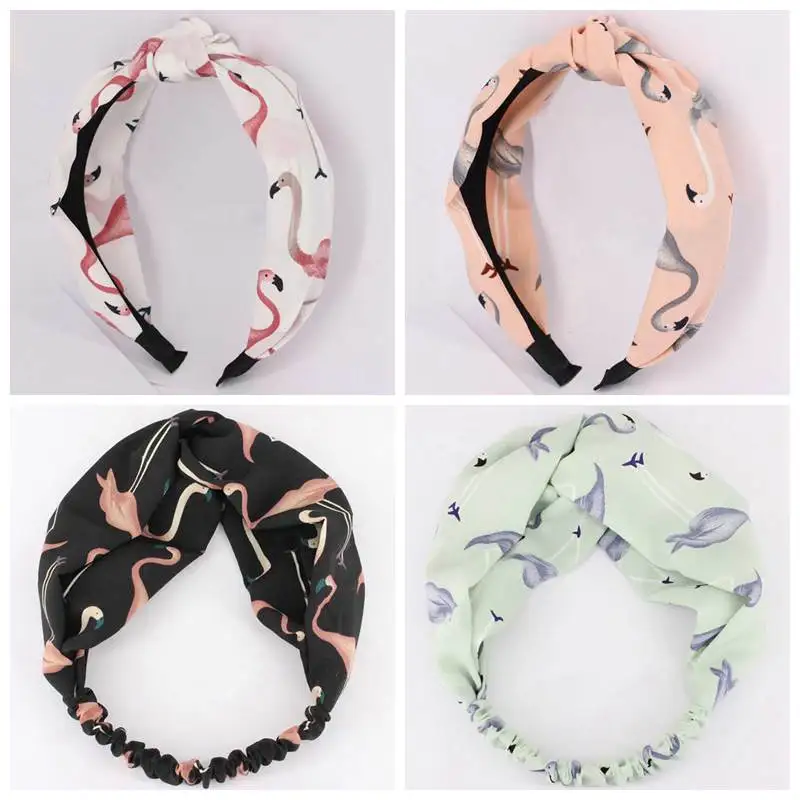 

Flamingo Prints Turban Headband Summer Crossed Headbands for Girls Hair Accessories Female Knotted Wide Chiffon Hairband