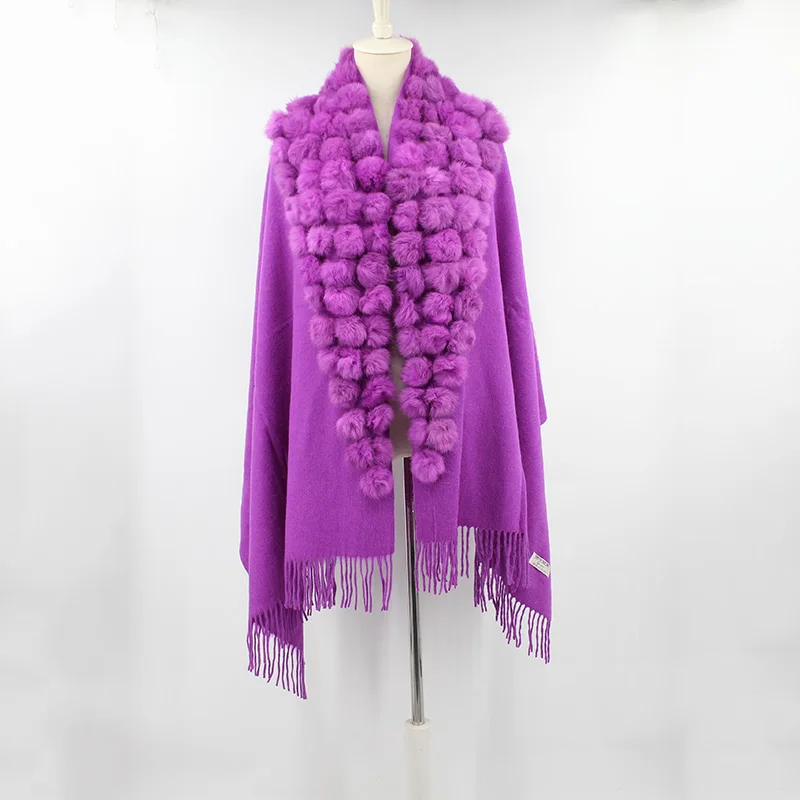 100% sheep fur cashmere shawl with real rabbit fur balls (3)