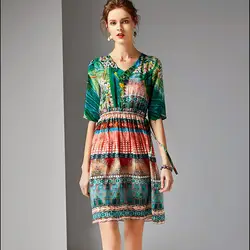 Весна 2019 новая женская одежда v-образный вырез с коротким рукавом из натурального шелка 100% платья с высокой талией тонкие винтажные