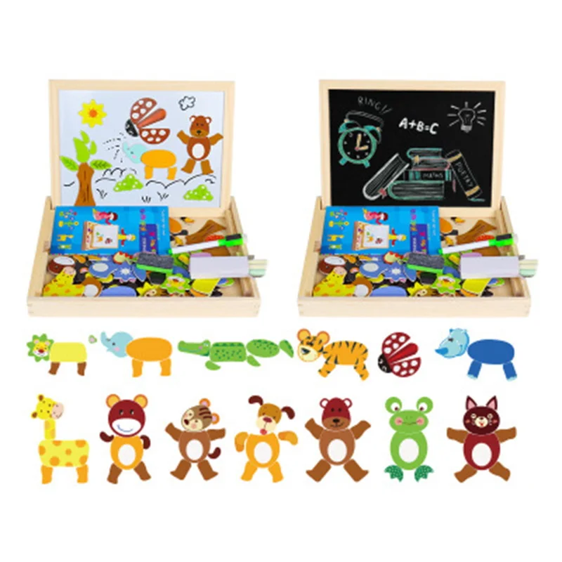 Educational Wooden Magnetic Toys Children 3D Puzzle Figure /Animals/Vehicle Drawing Board Learning Wood Toys For Kids Toys Gifts - Цвет: fun animals