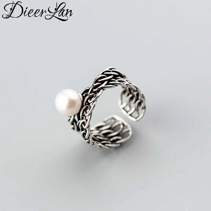 

DIEERLAN Retro Vintage S925 Sterling Silver Imitation Pearl Ring for Women Gift Luxury Jewelry Punk Adjustable Size Antique Ring