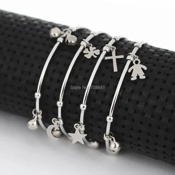 

Stainless Steel Bangle with Leaf Flower Cross Bell Star Moon Charms Open Cuff Bangle Bracelet European Charms Mixed Styles 65mm