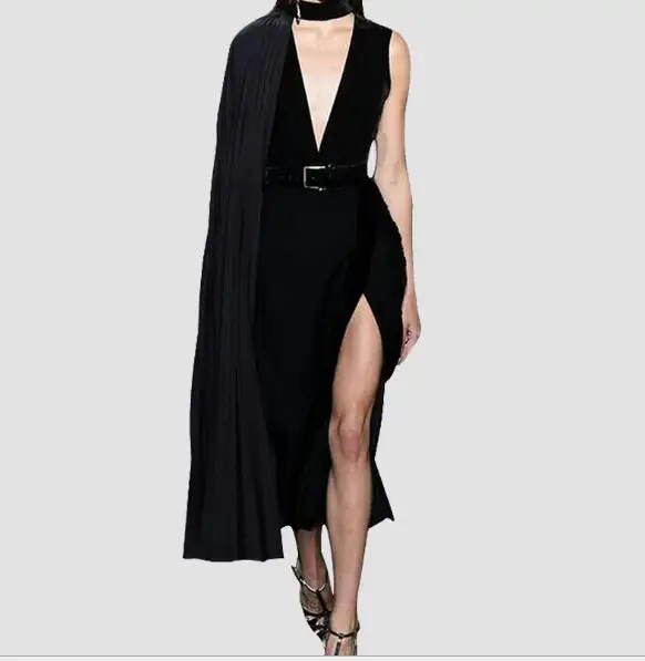 

Top Quality Cloak Sheeves Dress Celebrity Bodycon Sexy V-Neck Nigth Club Fashion Women Slit Evening Party Bandage Dresses