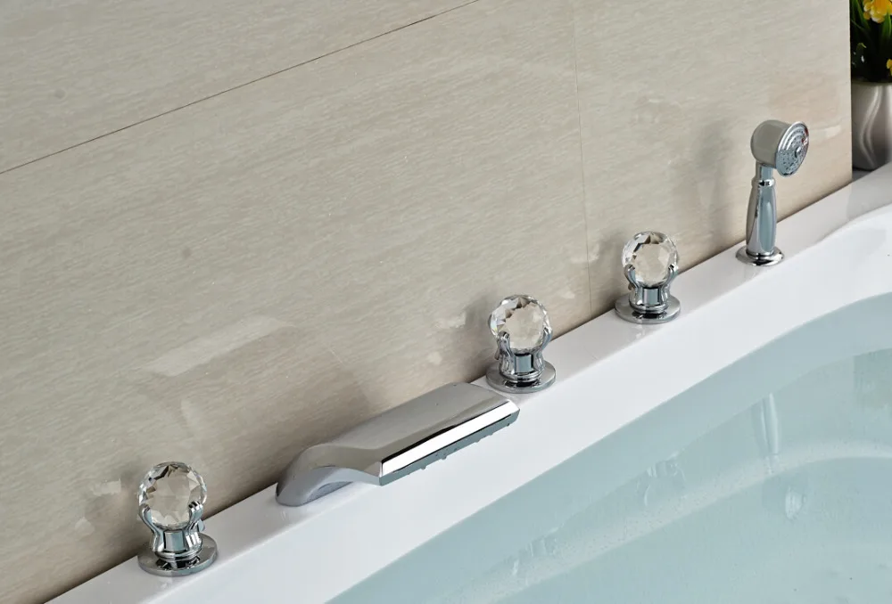 

Modern Deck Mounted Bathroom Waterfall Crystal Handle Shower Faucet Mixer Tap With Hand shower Chrome Finished