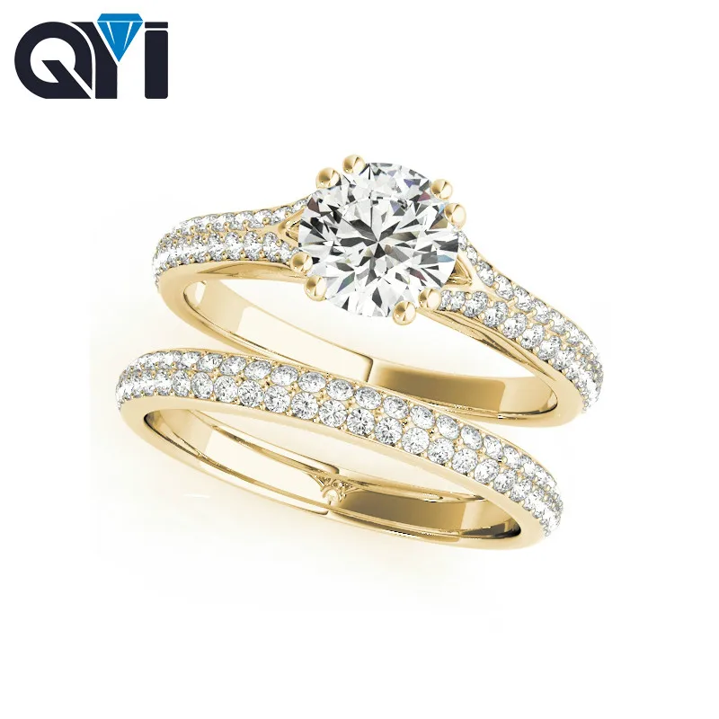 QYI 925 серебряный пасьянс кольцо наборы для женщин 1Ct круглой огранки кубического циркония ювелирные изделия два ряда обручальные кольца