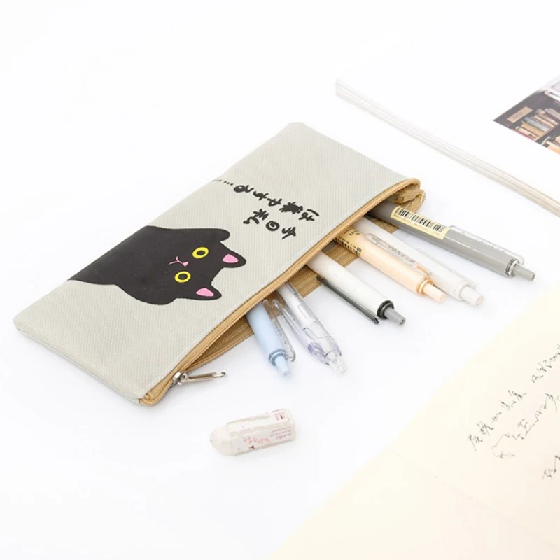 Канцелярские принадлежности, чехол для карандашей и школьные принадлежности, брезентовый материал, вместительная сумка для карандашей, 1 милый рисунок кошки