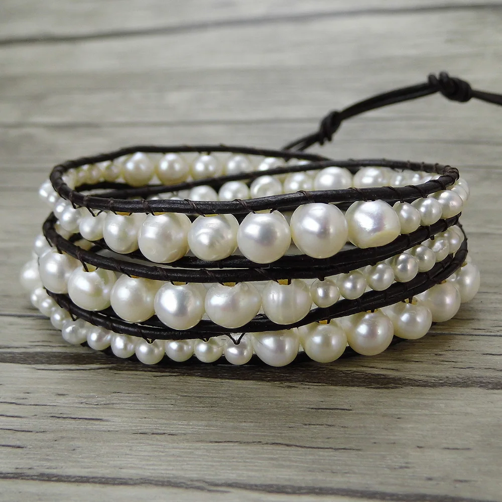 Leather freshwater pearl bracelet boho wrap bracelet pearl wrap