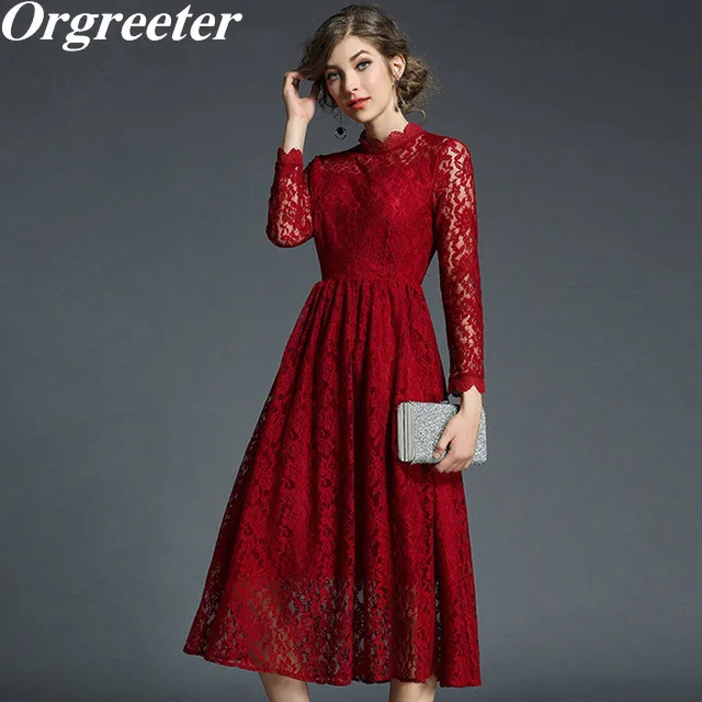 

Elegant Red Lace Dress 2018 Autumn Winter Stand collar Ruffles Neck Dress Slim Long Sleeve Mid-calf Party Dress