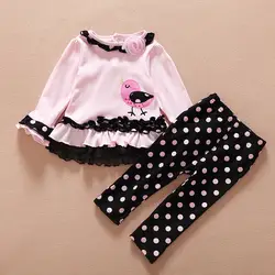 Весенне-осенний комплект одежды для маленьких девочек, футболка с длинными рукавами и вышитой птицей + штаны в горошек, одежда для
