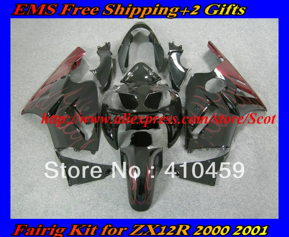 

HOT red flames gloss blk Fairing kit for KAWASAKI Ninja ZX12R 02 03 04 05 ZX 12R 2002 2005 ZX-12R 02-05 2002-2005 body kit