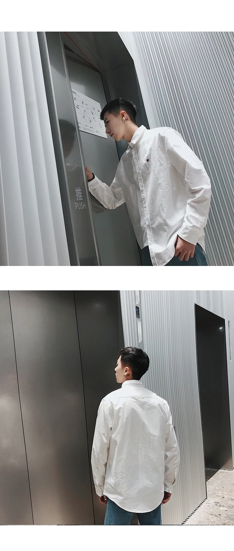 2018 осень Для мужчин; корейский стиль мода простой вышивка узор с лацканами свободные Повседневное черный/белый Цвет рубашка с длинными