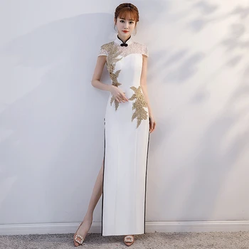 

Mandarin Collar Chinese Dress Lady Bride Wedding Dress Appliques Bling Sexy Evening Party Gown Hollow Out Rhinestone Vestidos