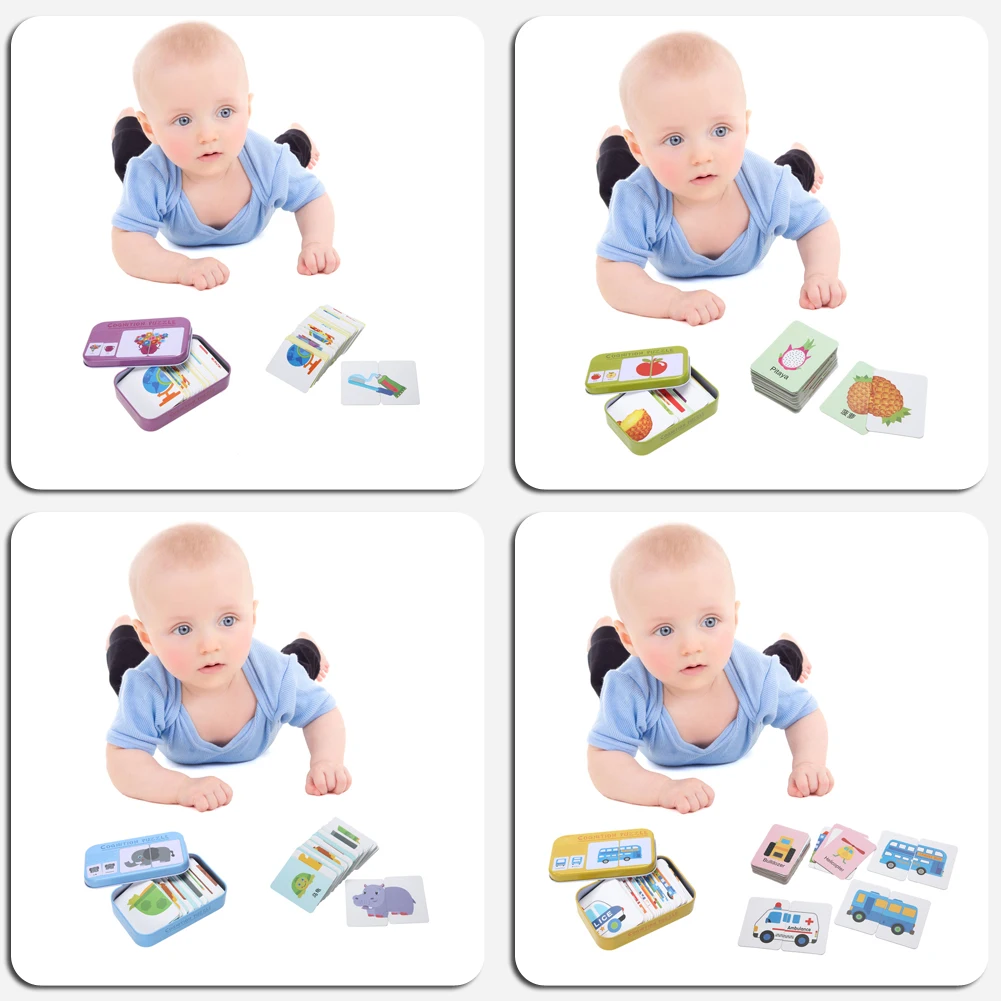 

Toddler Iron Box Cards Baby Kids Cognition Puzzle Toys Matching Game Cognitive Card Vehicl/Fruit/Animal/Life Set Pair Puzzle