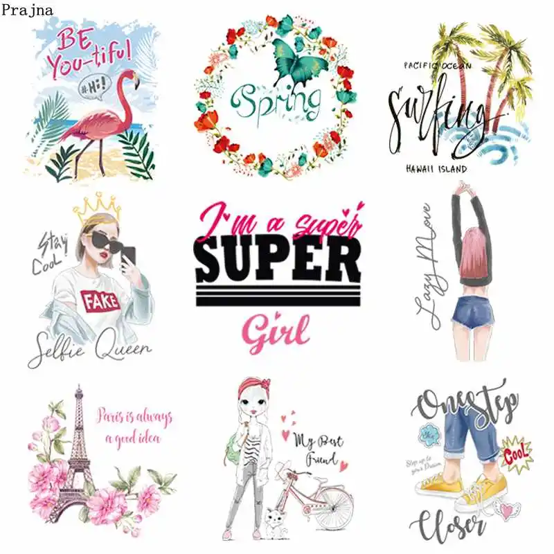 

Prajna Summer Style Fashion Girls Iron-On Transfers Tower Heels Rose Thermal Vinyl Heat Transfers Spring Letters For T-shirt DIY