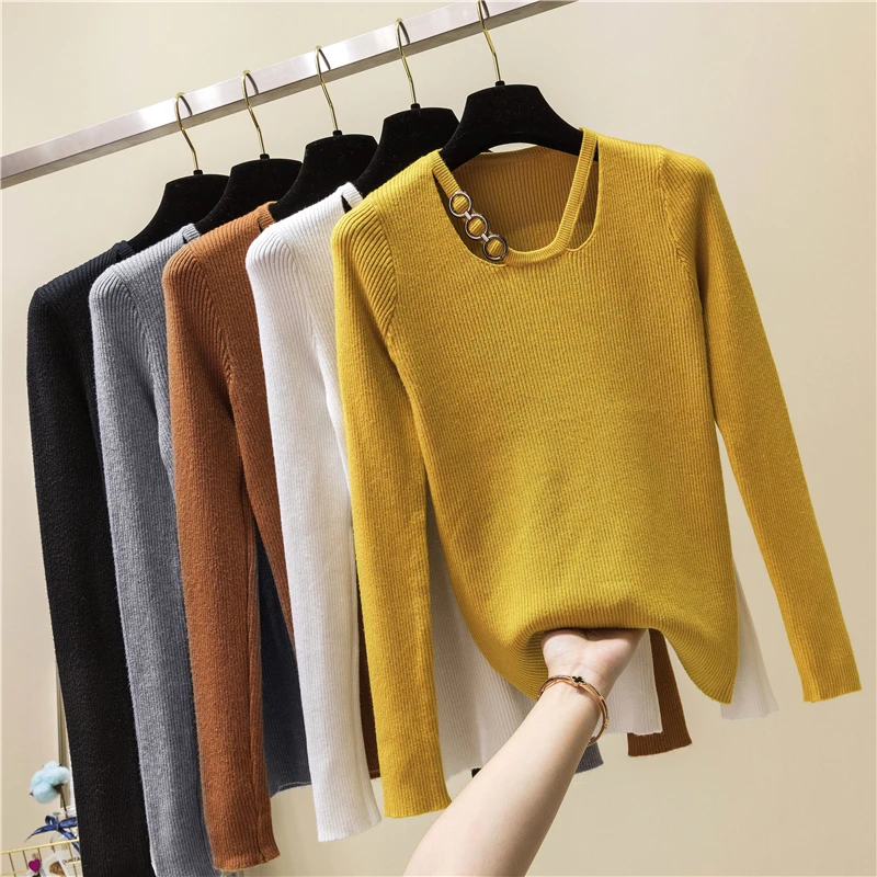 

Autumn Winter Women Sweeter and Pullover O-neck Full Sleeves Black White Karchi Pullover Thick Slim collarbone show