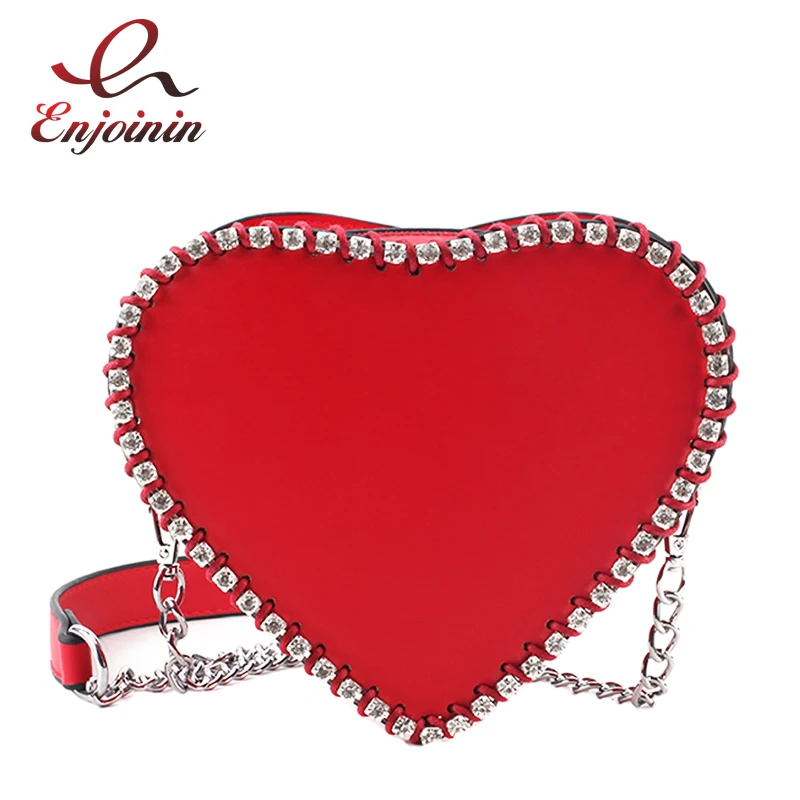 

Cute New Heart Shaped Diamond Braided Edge Pu Women Chain Purse Shoulder Bag Tote Female Clutch Bag Flap Crossbody Bag Bolsa