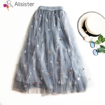 

2019 Women Vacation Tulle Skirts Spring Summer Elastic Waist Starry Embroidery Lace Mesh Tutu Skirt Solid Elegant Midi Jupe
