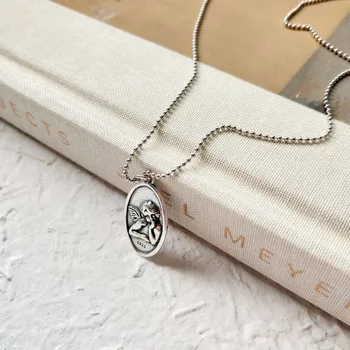 

S925 Sterling Silver Oval Baby Angel Necklace ancient coin necklace Choker For Women Beaded Custom White Gold Necklace