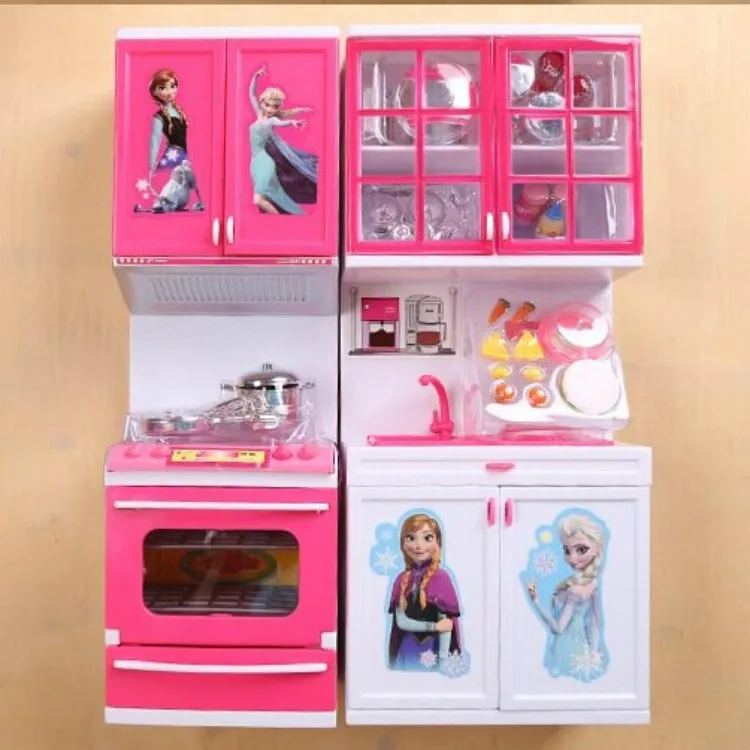 

[New] Mini Anna Elsa light Kitchen supplies Toys Hutch ark/microwave oven/vegetable/Boiler/bowl sets COOK FUN game girl gift