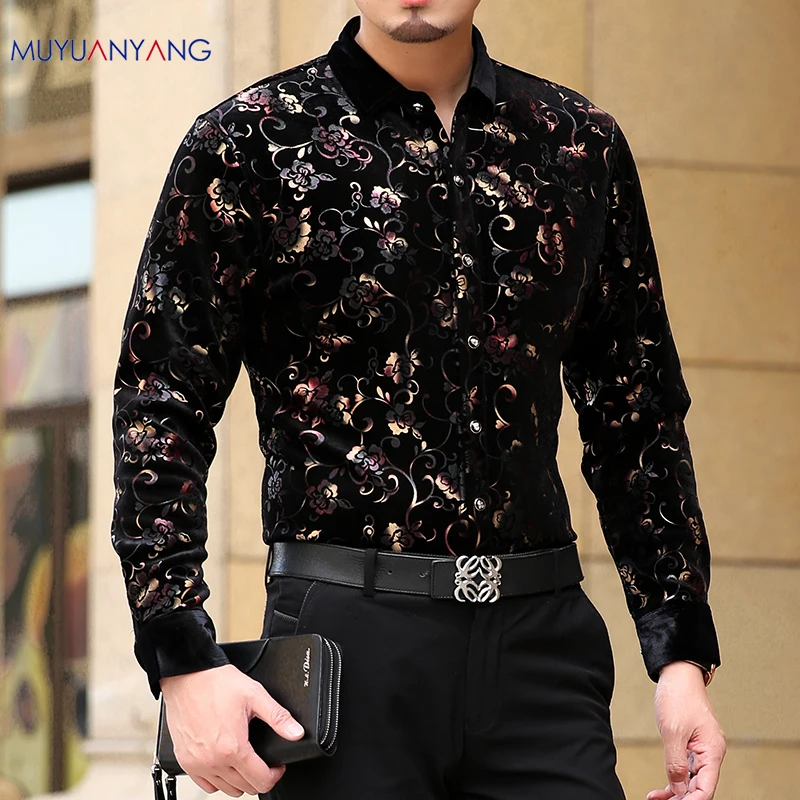 

Mu Yuan Yang 2018 New Arrival Men Shirts Fashion Floral Print Long Sleeve Shirt Man Brand Clothing Slim Fit Casual Male Shirts