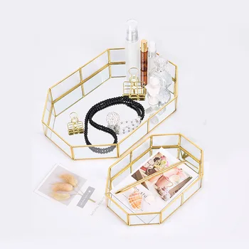 

Nordic Brass Glass Geometric Storage Tray Gold Vintage Jewelry Box Makeup Mirror Kitchen Organizer Tray Home Desktop Decoration