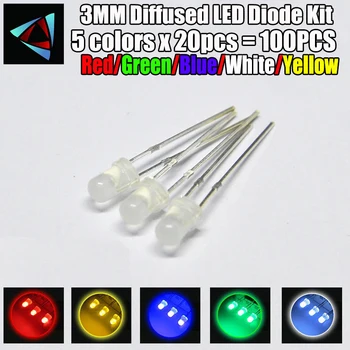 

100pcs (5 colors x 20pcs) 3mm Misty LED Diffused White Red Green Blue Yellow Round Light Emitting Diode DIY Kit