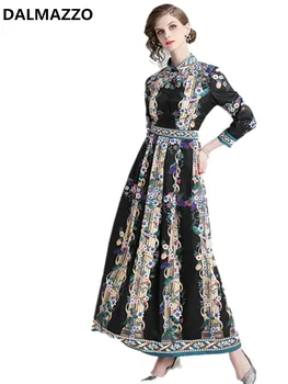 

Vintage Womans Runway Shirt Sleeve big Swing Long Dresses 2019 Spring Design High Quality Women Print Plus Size Dresses Vestidos