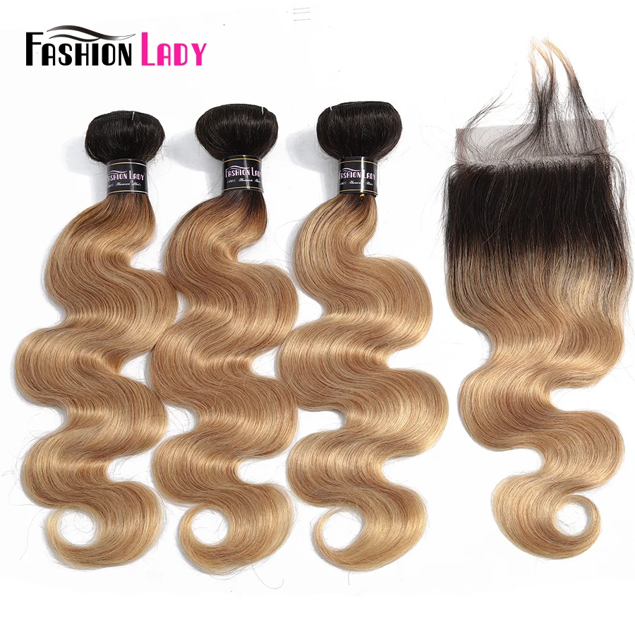 

FASHION LADY Pre-Colored Malaysian Body Wave Hair Weave Ombre Human Hair T1B/27 Bundles With Closure 4x4 Inch Closure Non-Remy