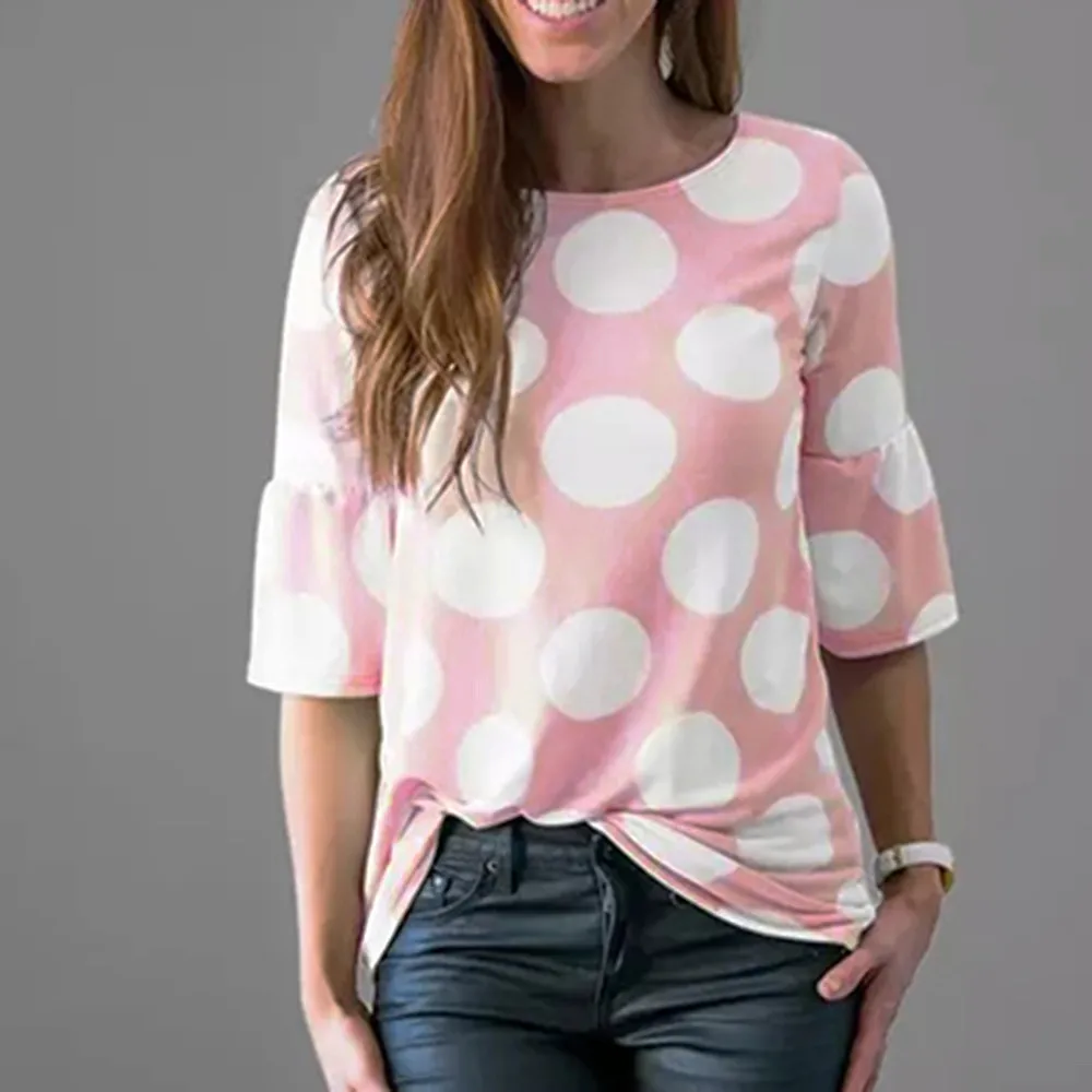 15# женская футболка в горошек с рукавом-колокольчиком и расклешенными рукавами повседневные топы с круглым вырезом ropa mujer