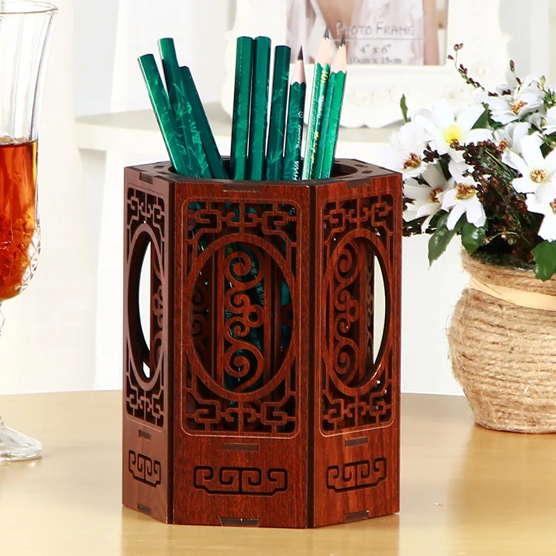 Unique Classic Wood Pencil Holder Desk Supplies Organizer Pen Cups