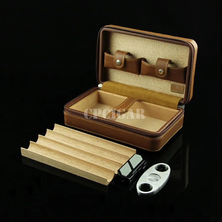 

COHIBA Portable Leather Cedar Wood Travel Cigar Humidor w/ Metal Cigar Cutter Windproof Refillable Flame Cigarette Lighter