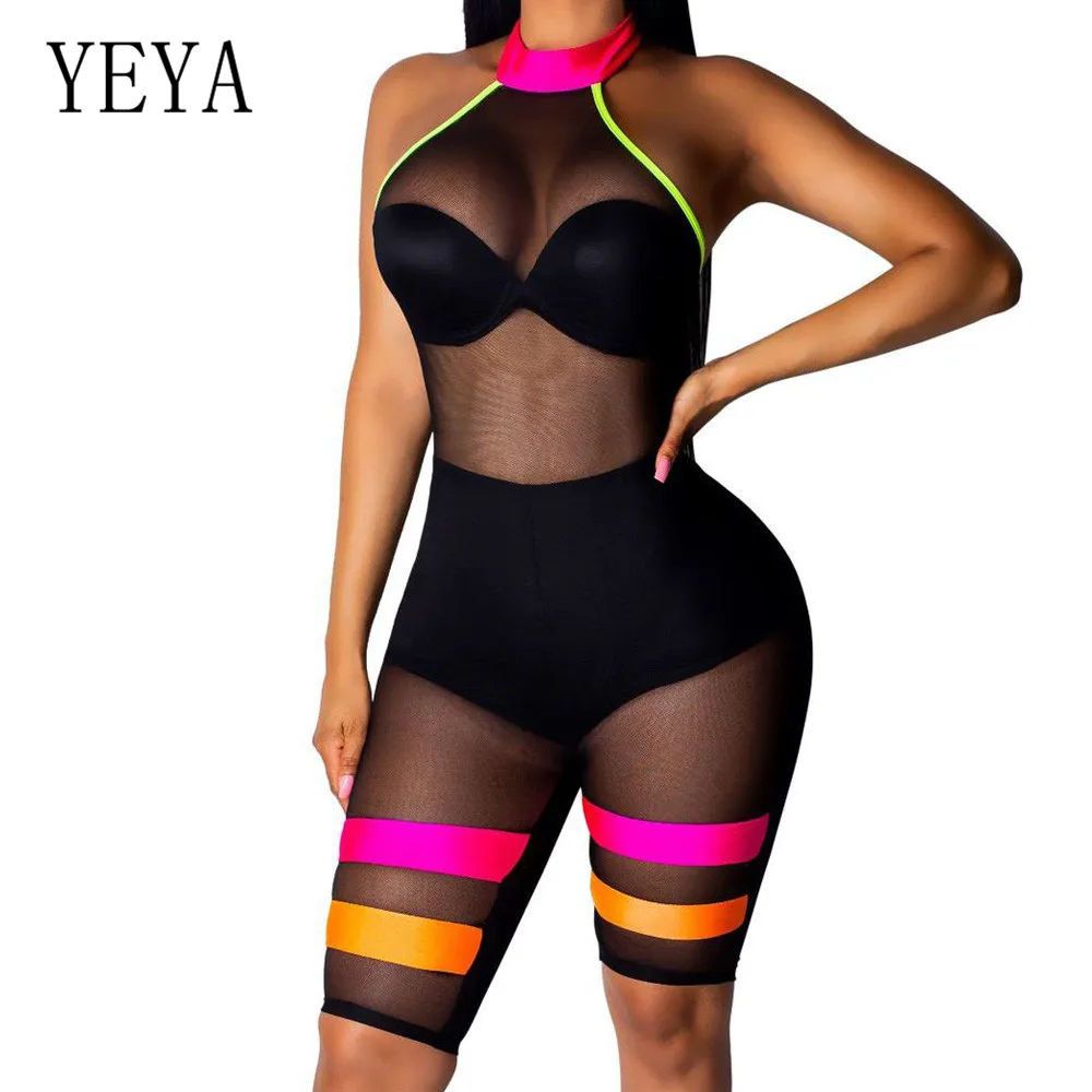 

YEYA Women Sexy Off Shoulder Sleeveless Bodycon Bodysuits Elegant Open Back Hollow Out Transparent Mesh Jumpsuits Plus Size XXL